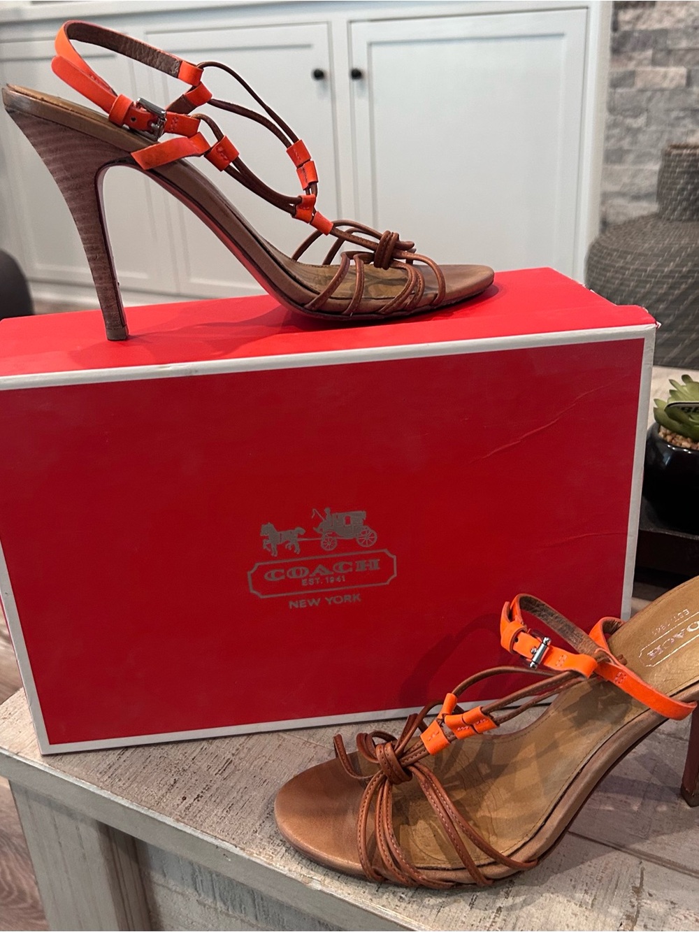 Coach Brown Leather Strappy Heels with Orange Fluorescent Accents